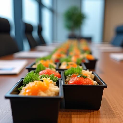 会議室のテーブルに並べられた複数の弁当 (Multiple bento boxes lined up on a conference room table)
